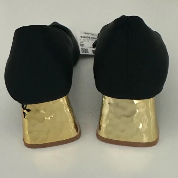 Zara Black Satin Heels With Metallic Gold Block Heel - Picture 6 of 11